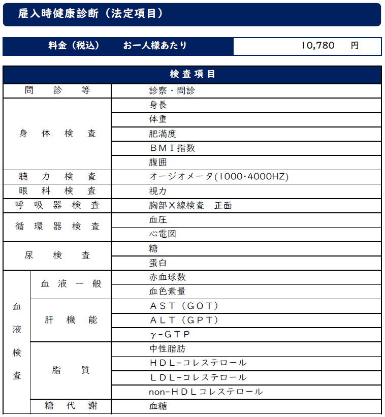 雇入時健康診断（法定項目）